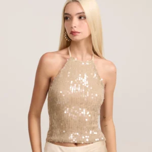 Blusa Frente Única em Paetê com Amarração nas Costas Dourado