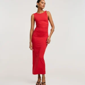 Vestido Reto Midi Sem Manga em Poliamida com Torcido Vermelho