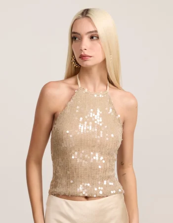Blusa Frente Única em Paetê com Amarração nas Costas Dourado