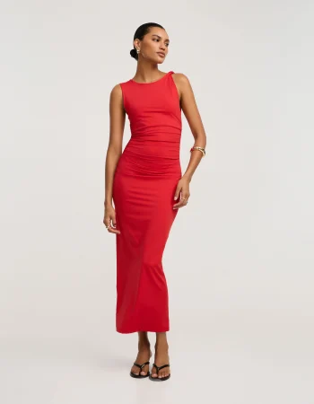 Vestido Reto Midi Sem Manga em Poliamida com Torcido Vermelho